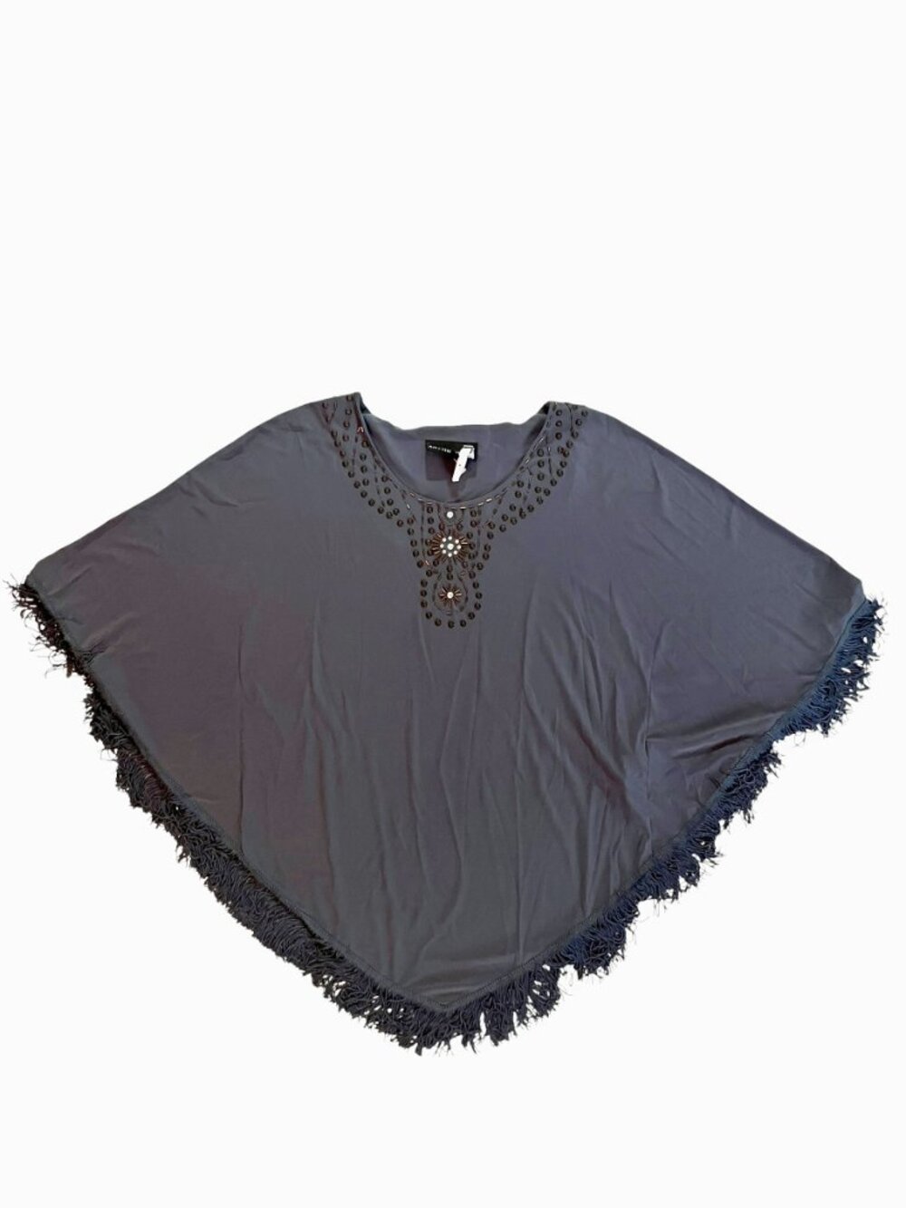 Antthony  Embellished Knit Stretch Tunic Top  Poncho Top Fringe Cowgirl Gray
